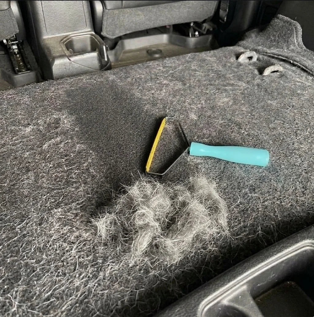 Brosse anti-poils en action sur un tapis de voiture
