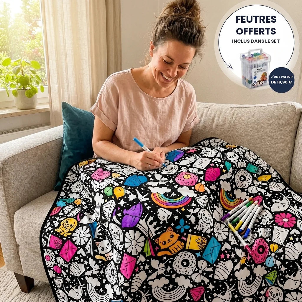 Plaid à colorier Florelya avec sa boîte de 24 feutres textiles offerte