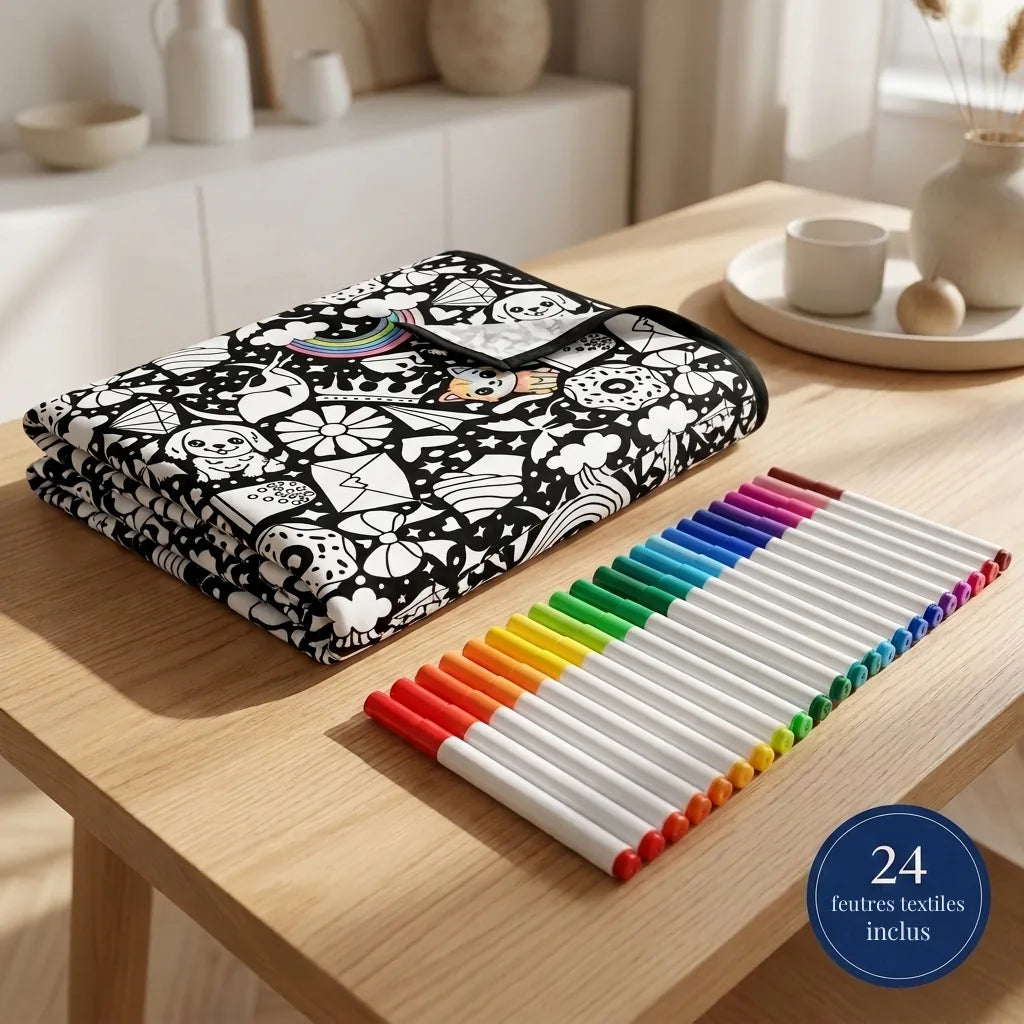 Plaid à colorier plié et les 24 feutres textiles alignés