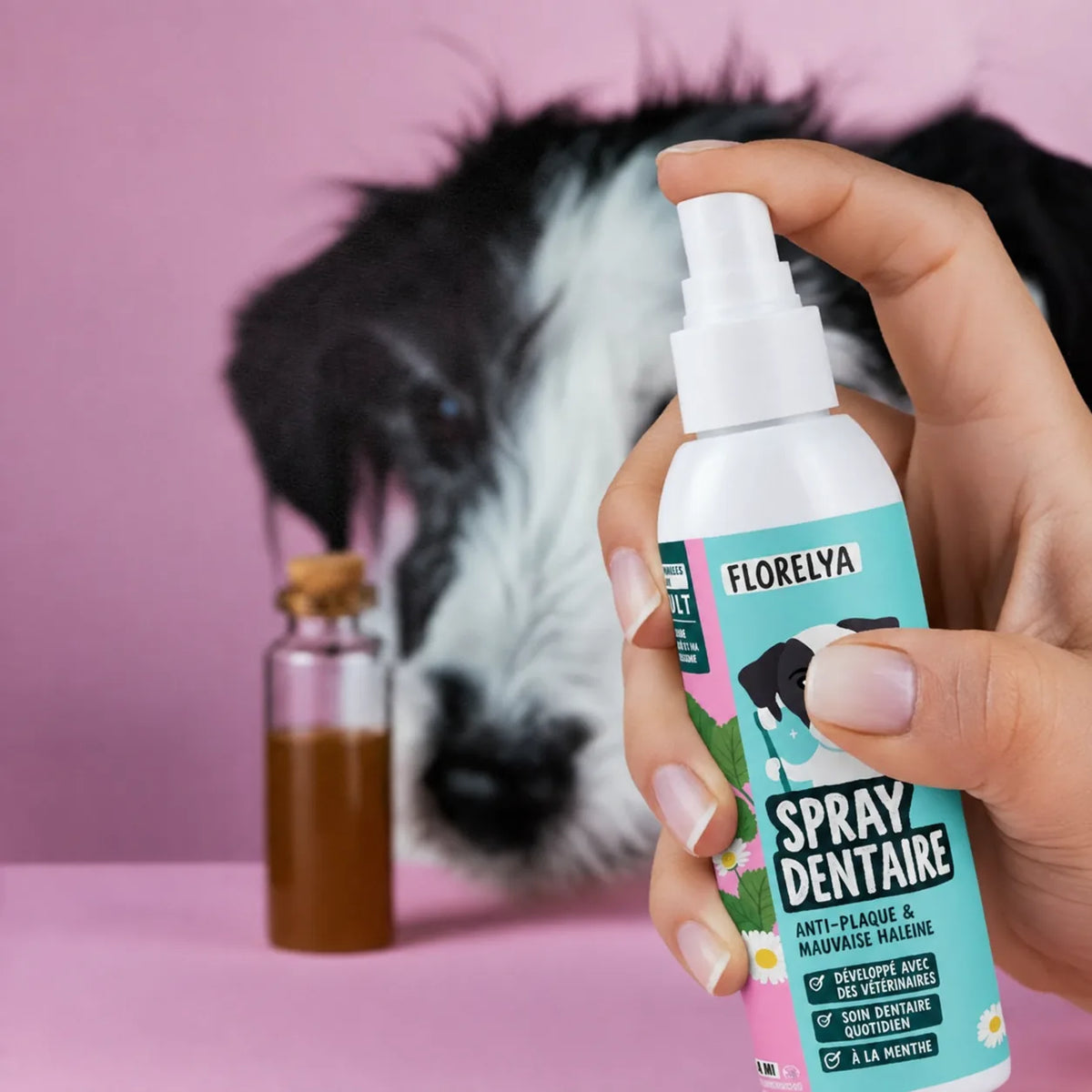 Flacon de Spray Dentaire Florelya tenu à la main